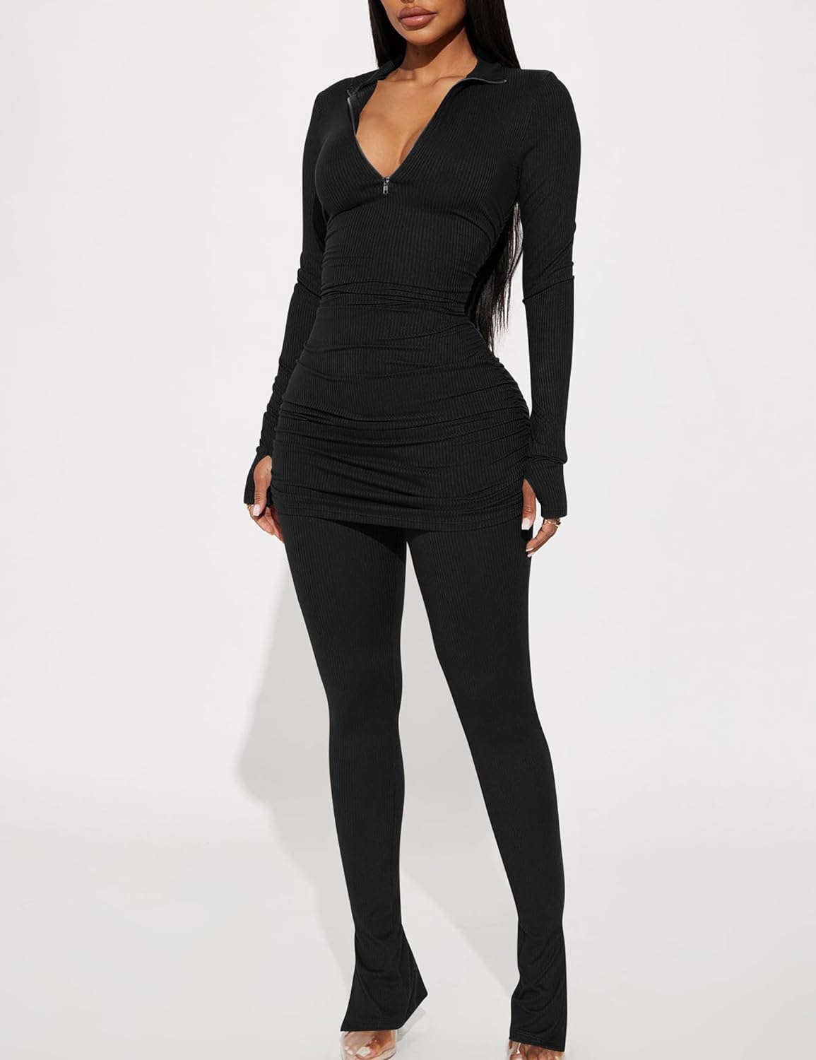 Kaximil Women's Sexy 2 Piece Outfits Sweatsuits Half Zip Tracksuit Long Sleeve Ribbed Legging Pants Set