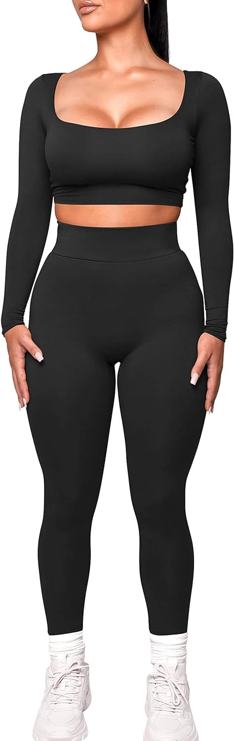 Kaximil Women's Workout Tracksuit 2 Piece Outfits Long Sleeve Crop Top Legging Pants Matching Sets