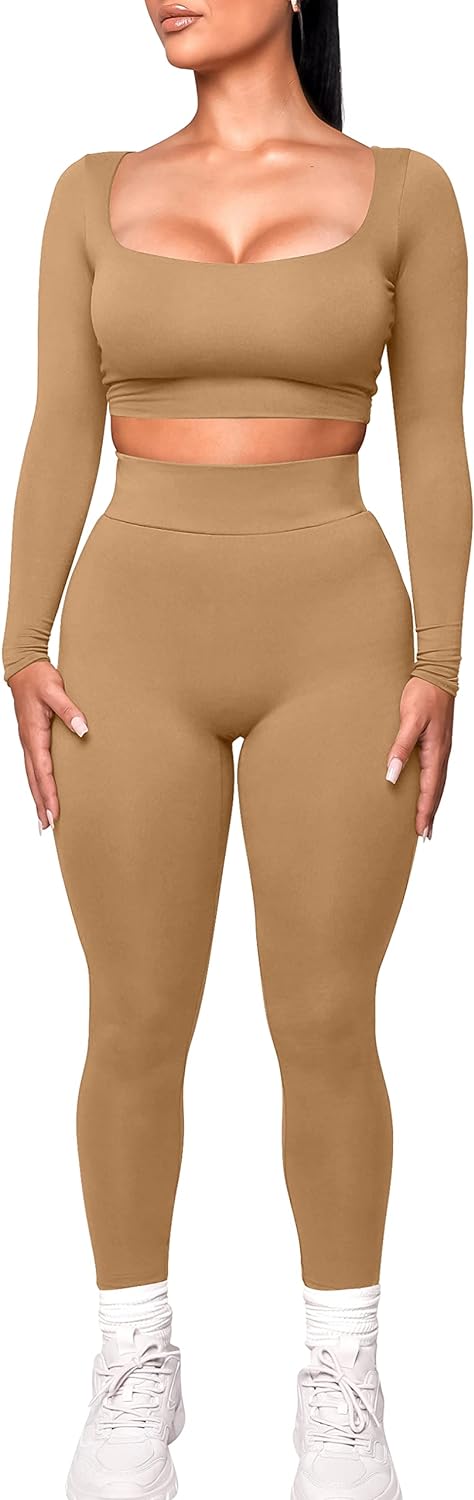 Kaximil Women's Workout Tracksuit 2 Piece Outfits Long Sleeve Crop Top Legging Pants Matching Sets