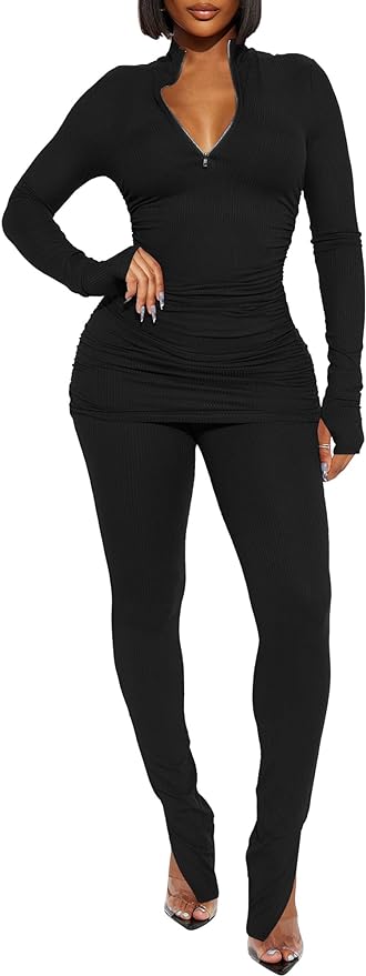 Kaximil Women's Sexy 2 Piece Outfits Sweatsuits Half Zip Tracksuit Long Sleeve Ribbed Legging Pants Set