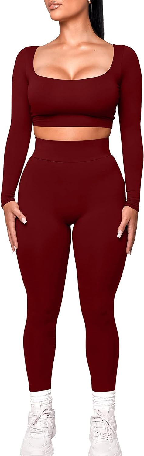 Kaximil Women's Workout Tracksuit 2 Piece Outfits Long Sleeve Crop Top Legging Pants Matching Sets