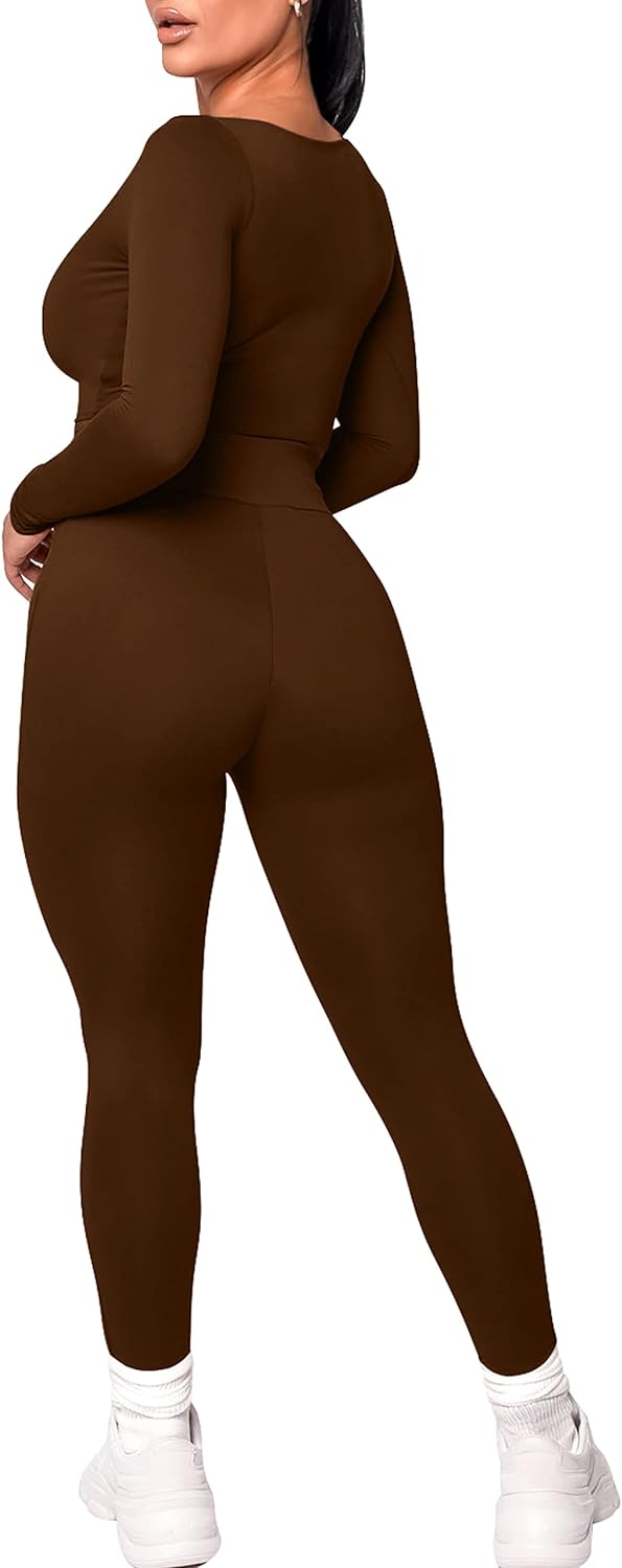 Kaximil Women's Workout Tracksuit 2 Piece Outfits Long Sleeve Crop Top Legging Pants Matching Sets