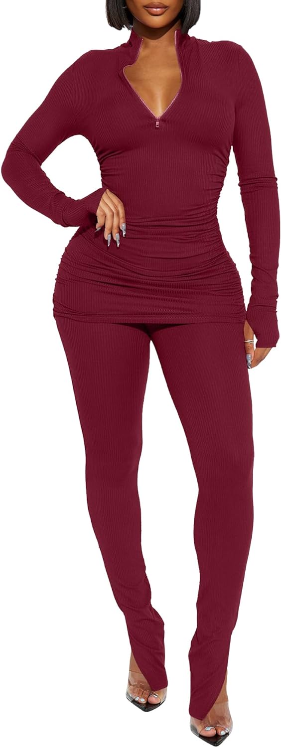 Kaximil Women's Sexy 2 Piece Outfits Sweatsuits Half Zip Tracksuit Long Sleeve Ribbed Legging Pants Set