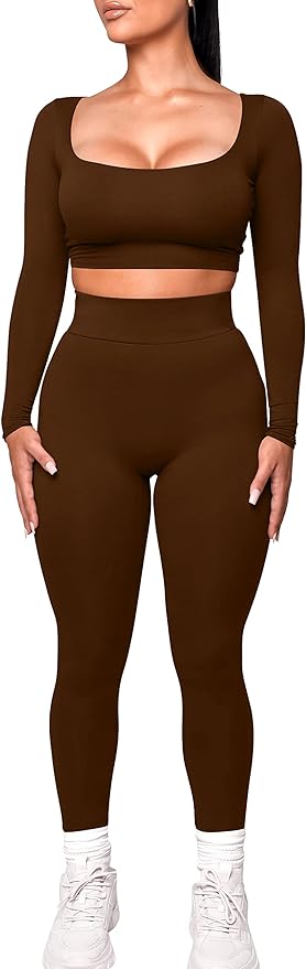 Kaximil Women's Workout Tracksuit 2 Piece Outfits Long Sleeve Crop Top Legging Pants Matching Sets
