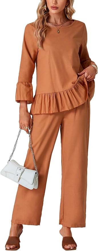 KIFOVEN Women's 2 Pcs Outfits Round Neck 3/4 Sleeve Ruffle Top and Pants Set with Pockets