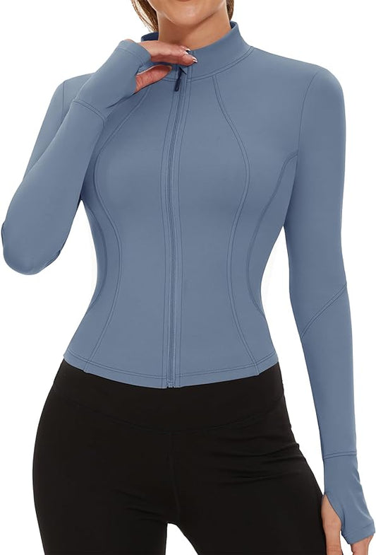 Kistore Workout Jackets for Women Full Zip Tight Fitted Athletic Long Sleeve Cropped Running Jackets Activewear