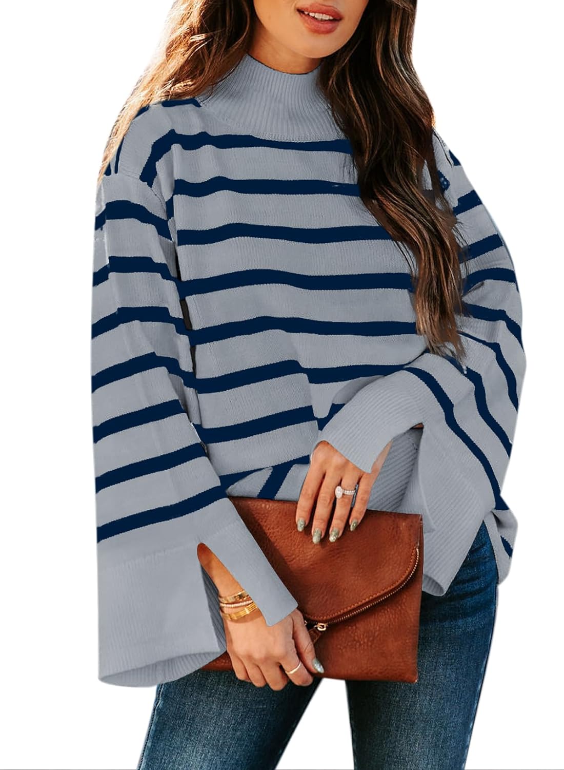 Dokotoo Womens Sweaters Fall 2023 Mock Neck Bell Sleeve Striped Ribbed Knitted Sweater Casual Loose Pullover Jumper Tops