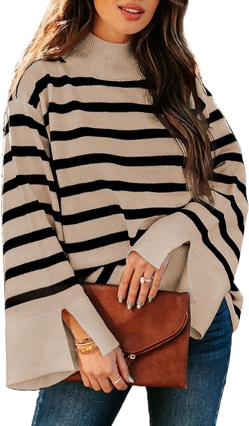 Dokotoo Womens Sweaters Fall 2023 Mock Neck Bell Sleeve Striped Ribbed Knitted Sweater Casual Loose Pullover Jumper Tops