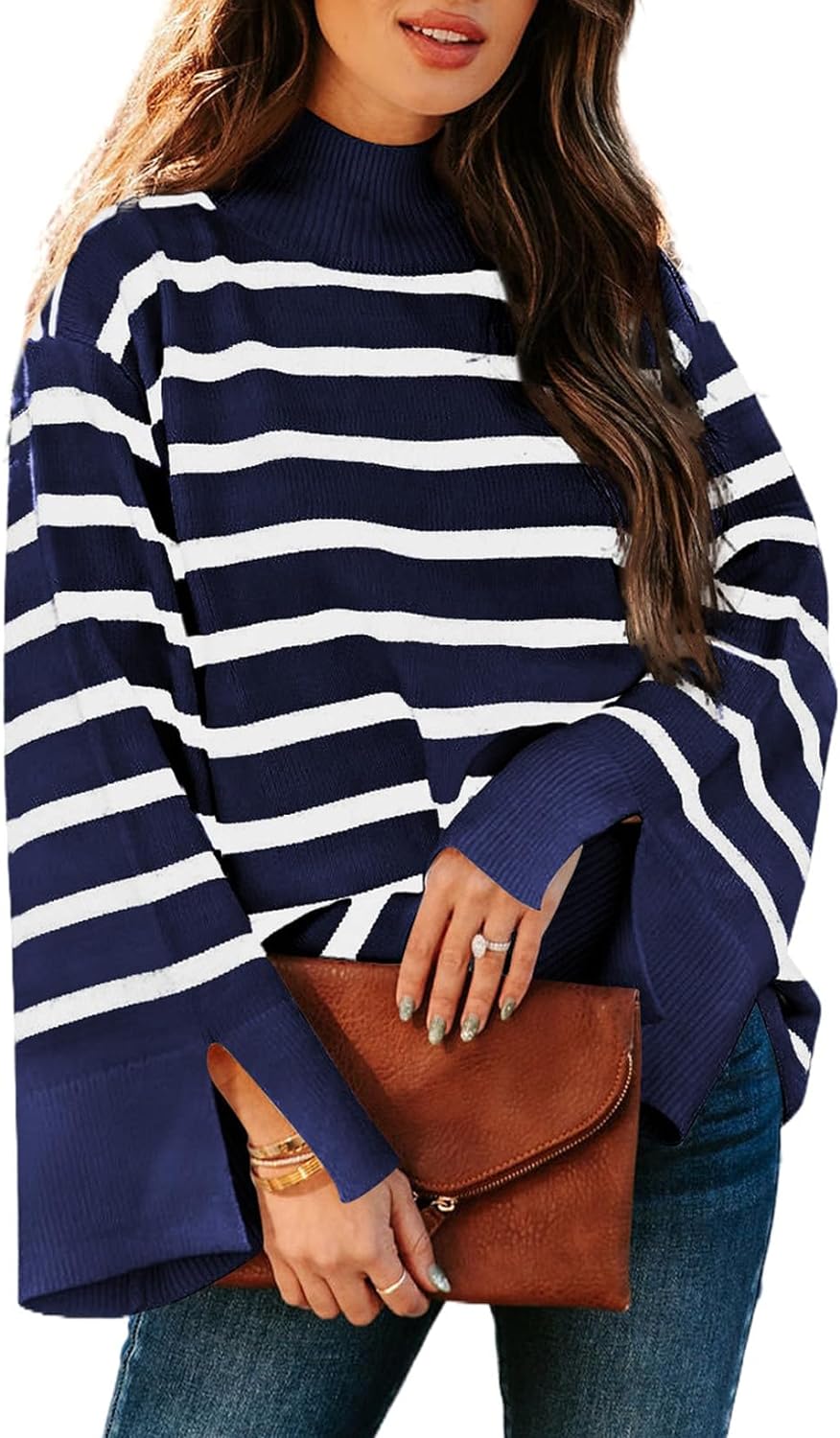 Dokotoo Womens Sweaters Fall 2023 Mock Neck Bell Sleeve Striped Ribbed Knitted Sweater Casual Loose Pullover Jumper Tops
