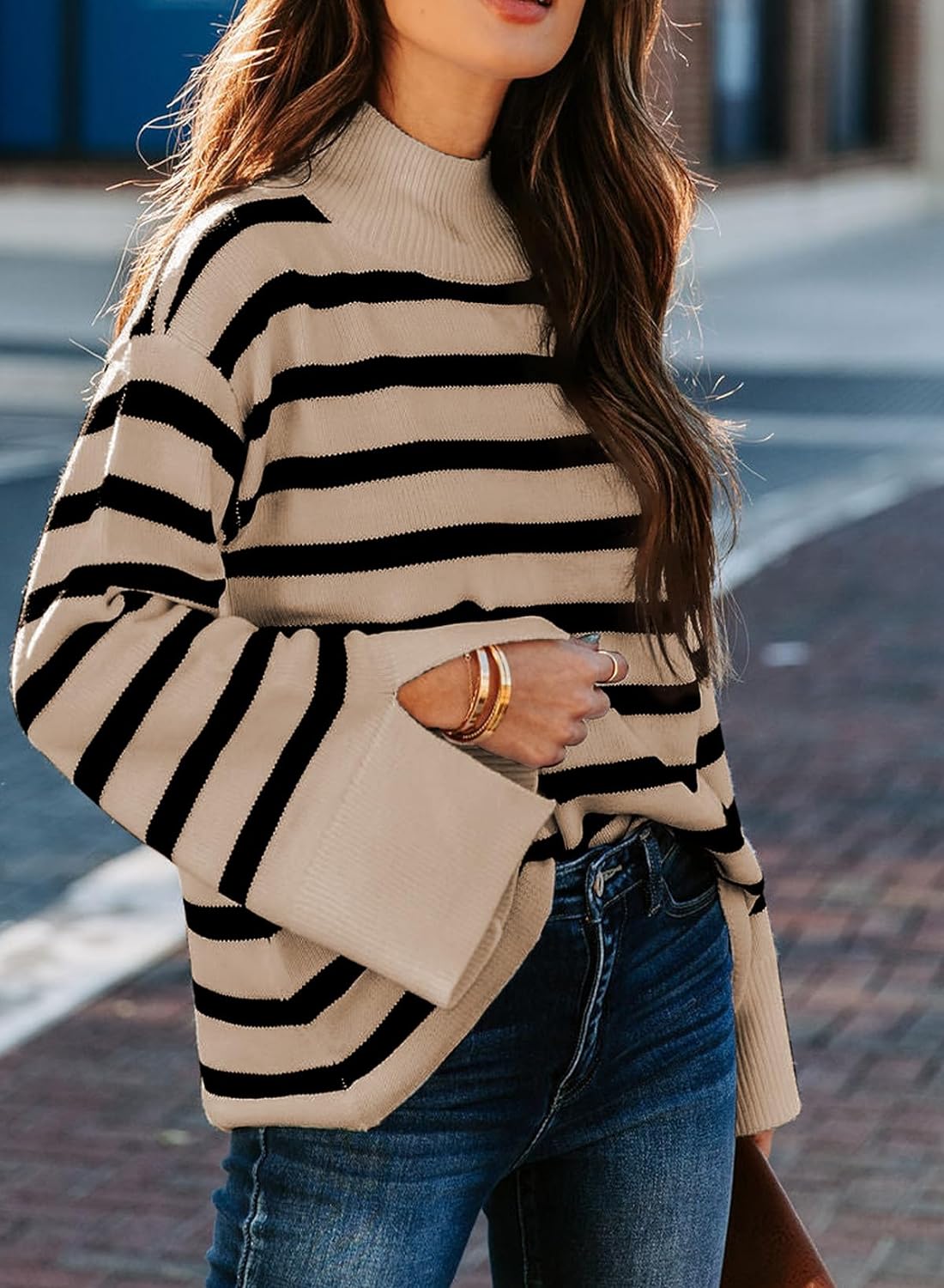 Dokotoo Womens Sweaters Fall 2023 Mock Neck Bell Sleeve Striped Ribbed Knitted Sweater Casual Loose Pullover Jumper Tops