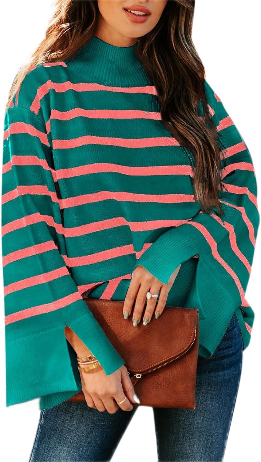Dokotoo Womens Sweaters Fall 2023 Mock Neck Bell Sleeve Striped Ribbed Knitted Sweater Casual Loose Pullover Jumper Tops