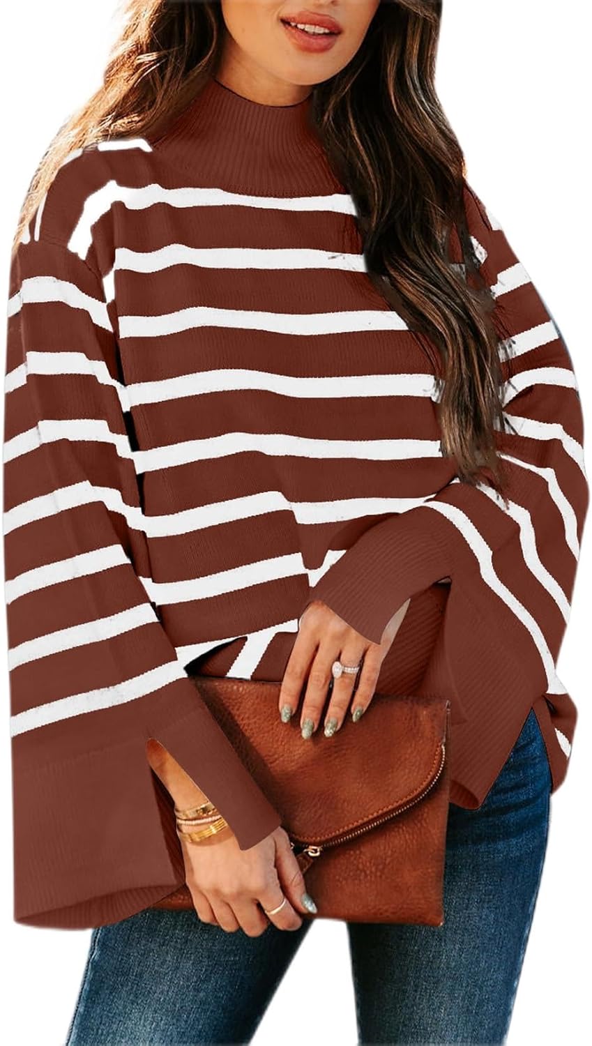 Dokotoo Womens Sweaters Fall 2023 Mock Neck Bell Sleeve Striped Ribbed Knitted Sweater Casual Loose Pullover Jumper Tops