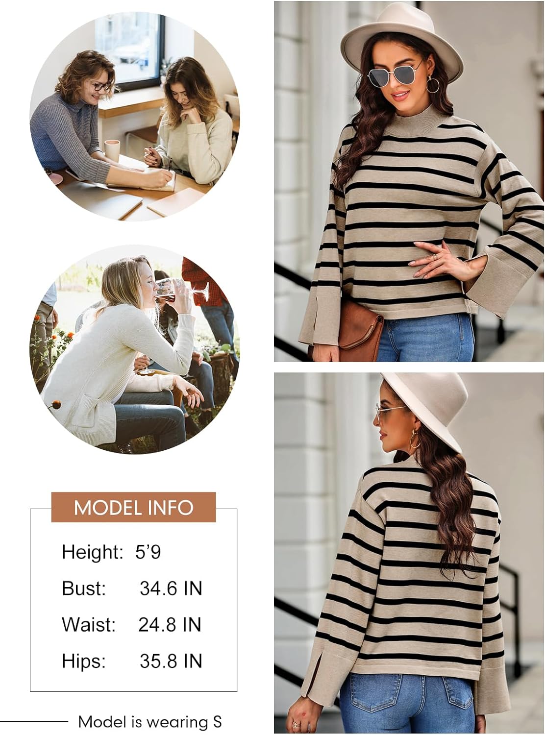 Dokotoo Womens Sweaters Fall 2023 Mock Neck Bell Sleeve Striped Ribbed Knitted Sweater Casual Loose Pullover Jumper Tops