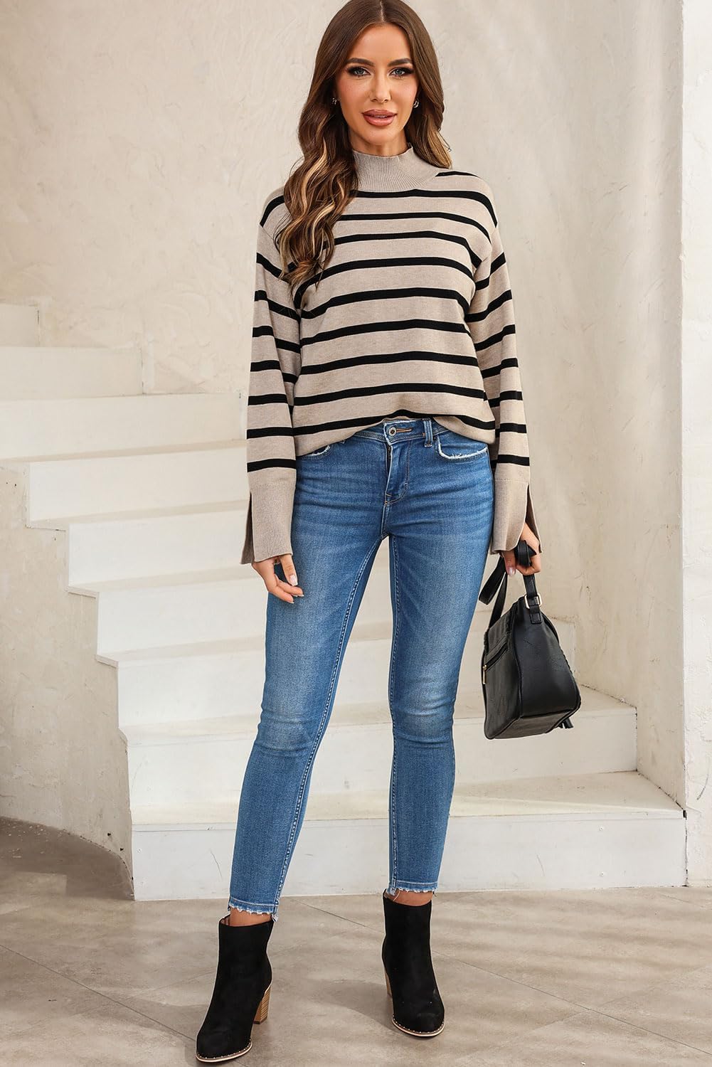 Dokotoo Womens Sweaters Fall 2023 Mock Neck Bell Sleeve Striped Ribbed Knitted Sweater Casual Loose Pullover Jumper Tops