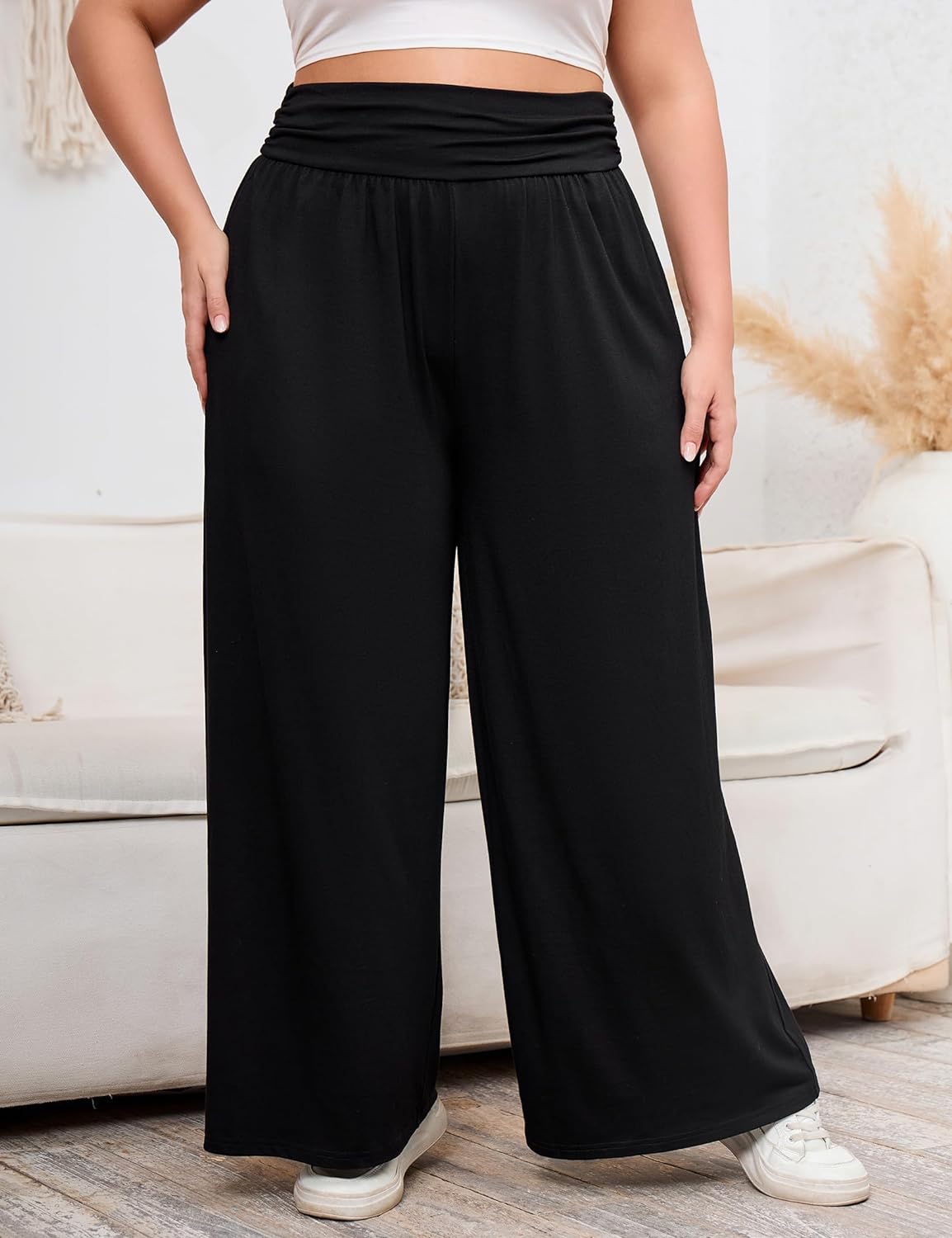 KOJOOIN Women's Plus Size High Waist Wide Leg Shorts Casual Palazzo Pants Sweat Shorts Bermuda Shorts with Pockets