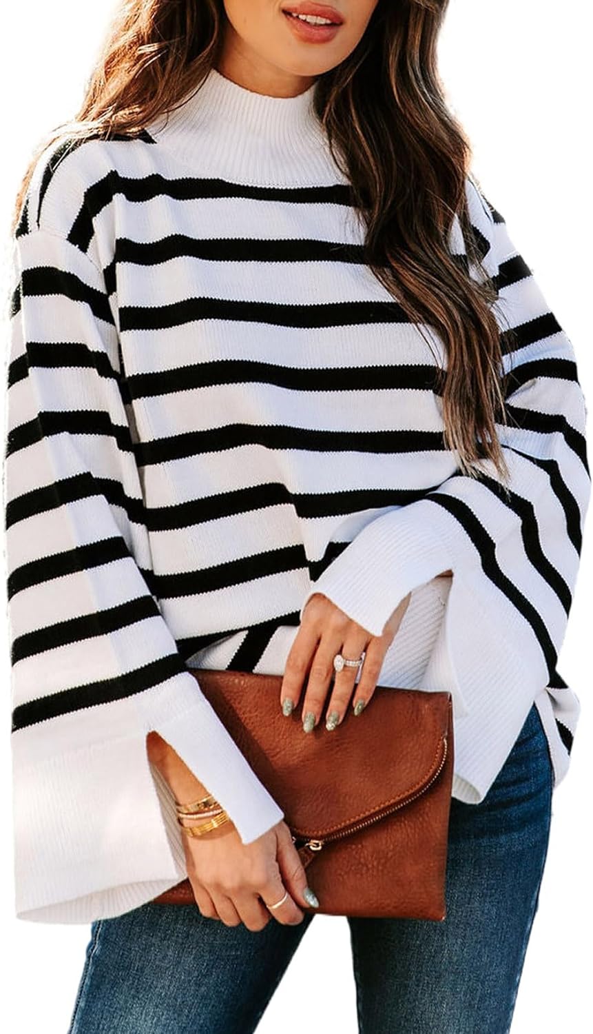Dokotoo Womens Sweaters Fall 2023 Mock Neck Bell Sleeve Striped Ribbed Knitted Sweater Casual Loose Pullover Jumper Tops
