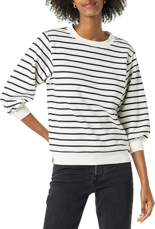 Essentials Women's French Terry Fleece Sleeve Detail Crewneck Sweatshirt