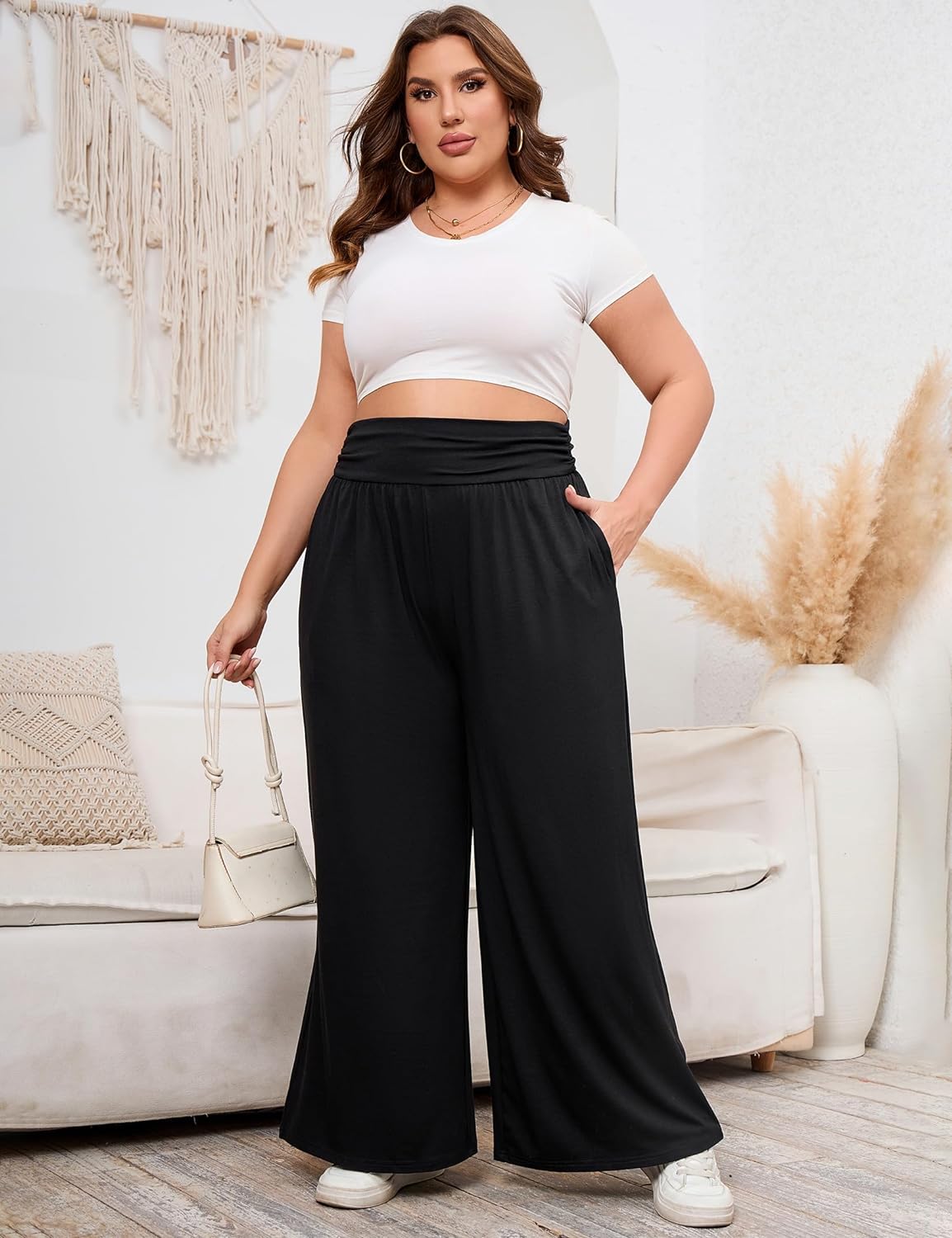 KOJOOIN Women's Plus Size High Waist Wide Leg Shorts Casual Palazzo Pants Sweat Shorts Bermuda Shorts with Pockets