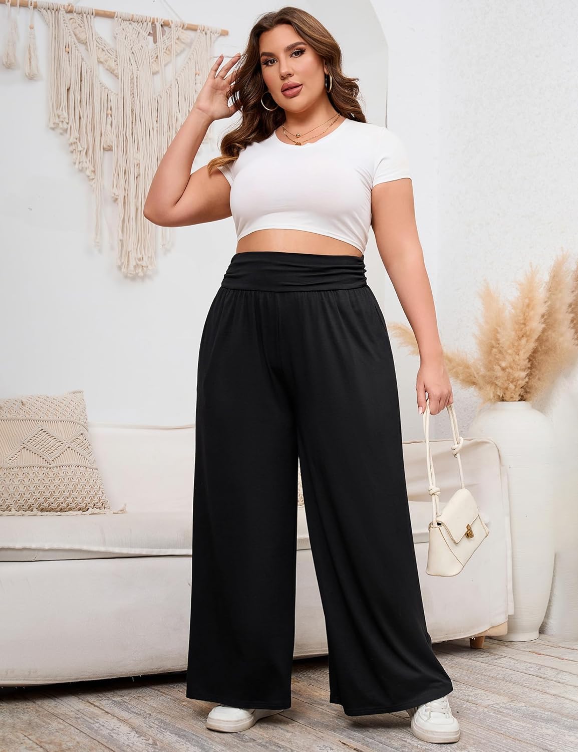 KOJOOIN Women's Plus Size High Waist Wide Leg Shorts Casual Palazzo Pants Sweat Shorts Bermuda Shorts with Pockets