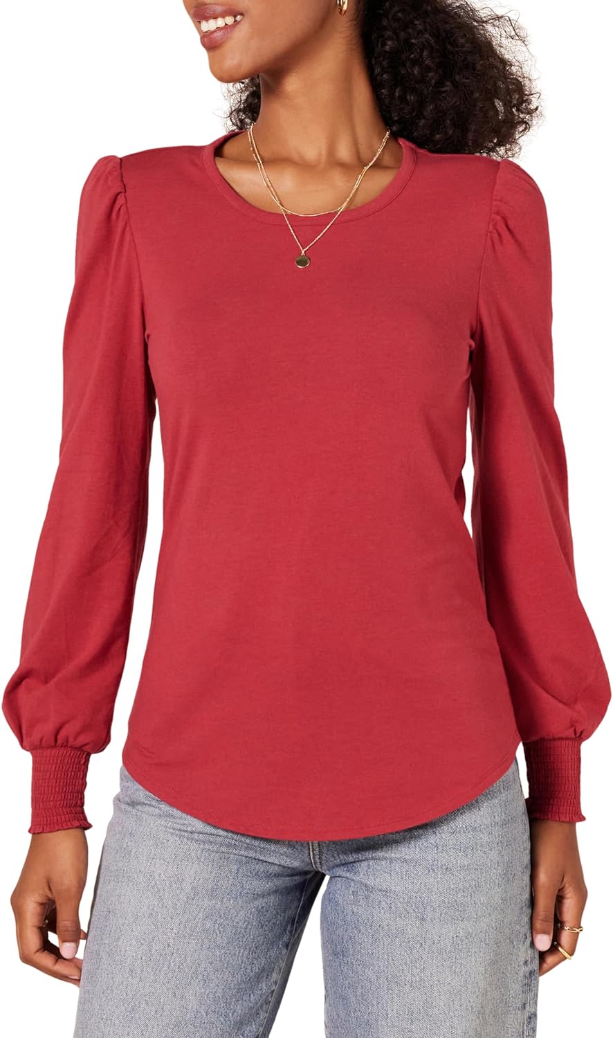 Essentials Women's Long-Sleeve Crewneck Smocked Cuff T-Shirt