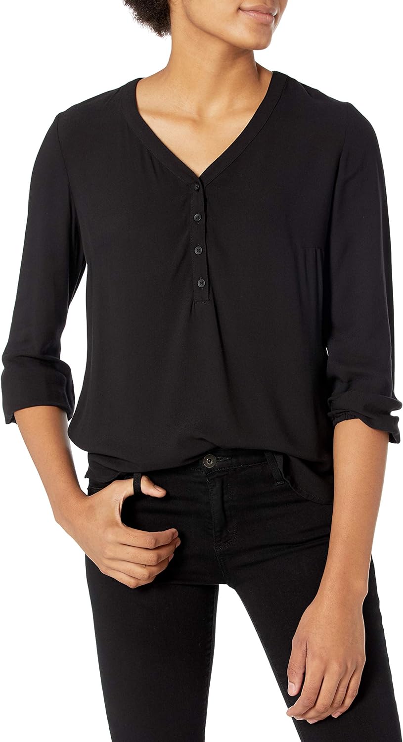 Essentials Women's 3/4 Sleeve Button Popover Shirt