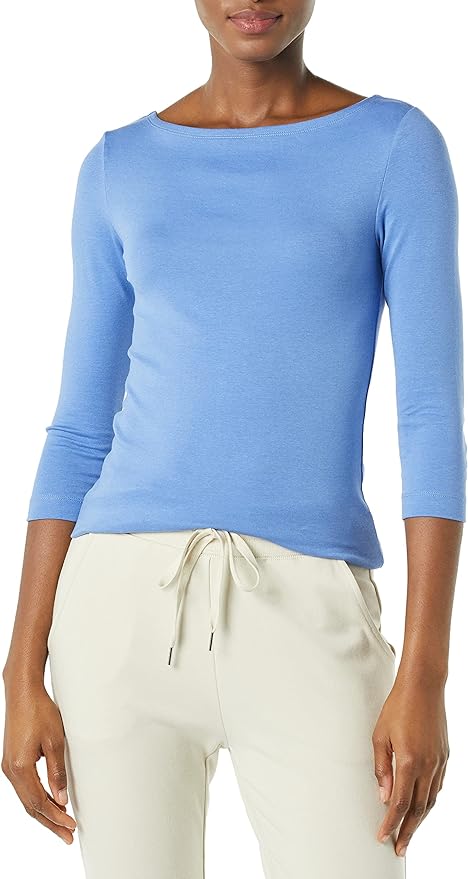 Essentials Women's Slim-Fit 3/4 Sleeve Solid Boat Neck T-Shirt