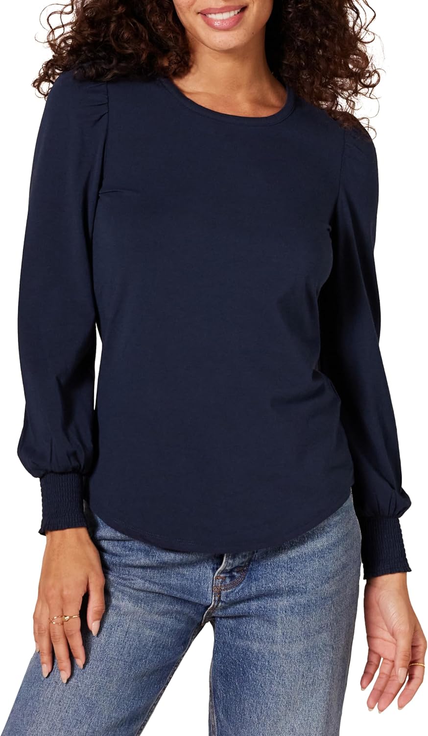 Essentials Women's Long-Sleeve Crewneck Smocked Cuff T-Shirt