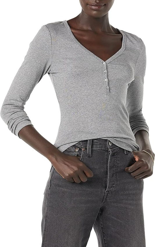 Essentials Women's Ribbed Knit Long Sleeve Henley Slim Fit T-Shirt